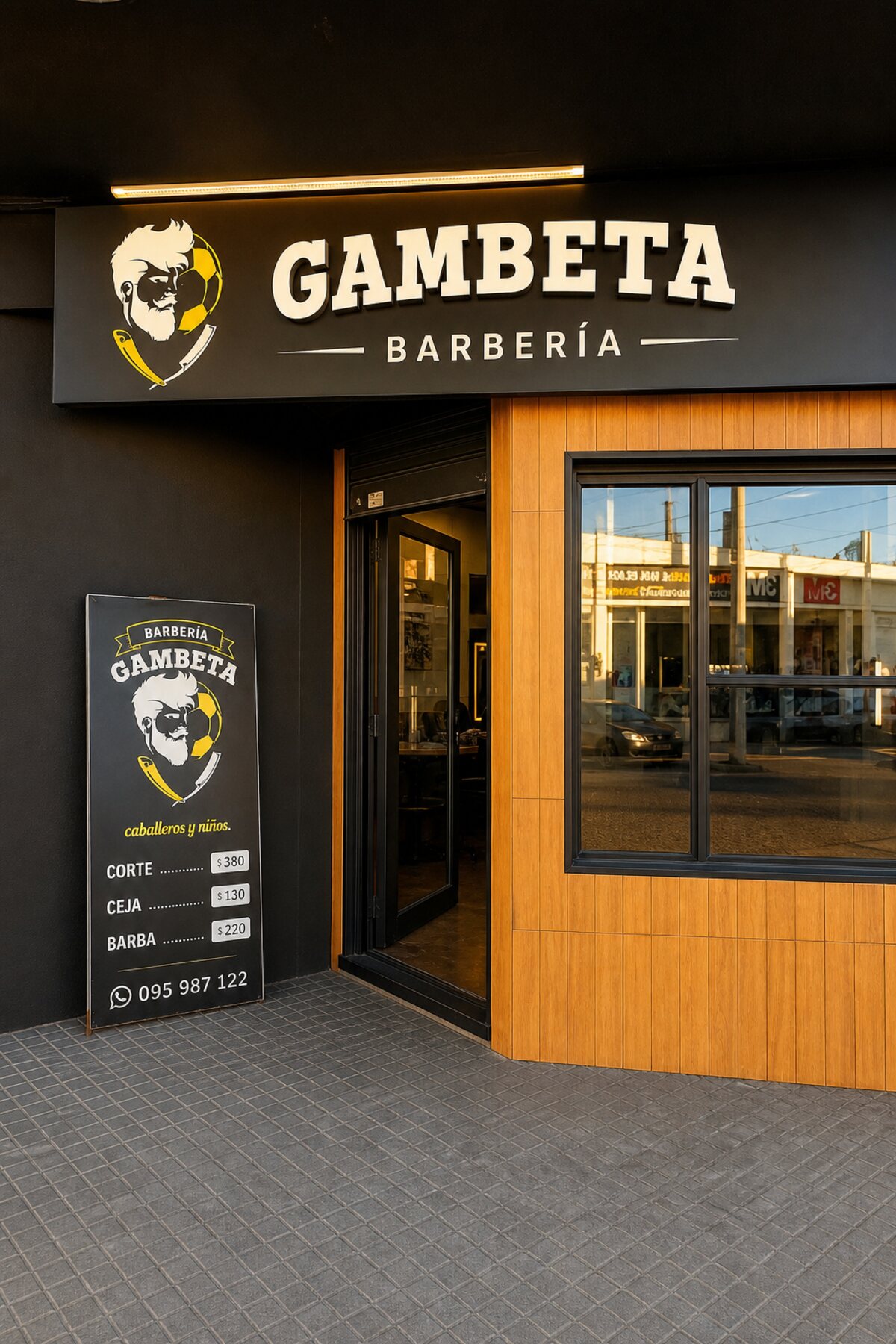 El frente de Gambeta sobre Miguelete: la pared negra, el cartel iluminado con el escudo y la pizarra de precios apoyada al lado de la puerta.
