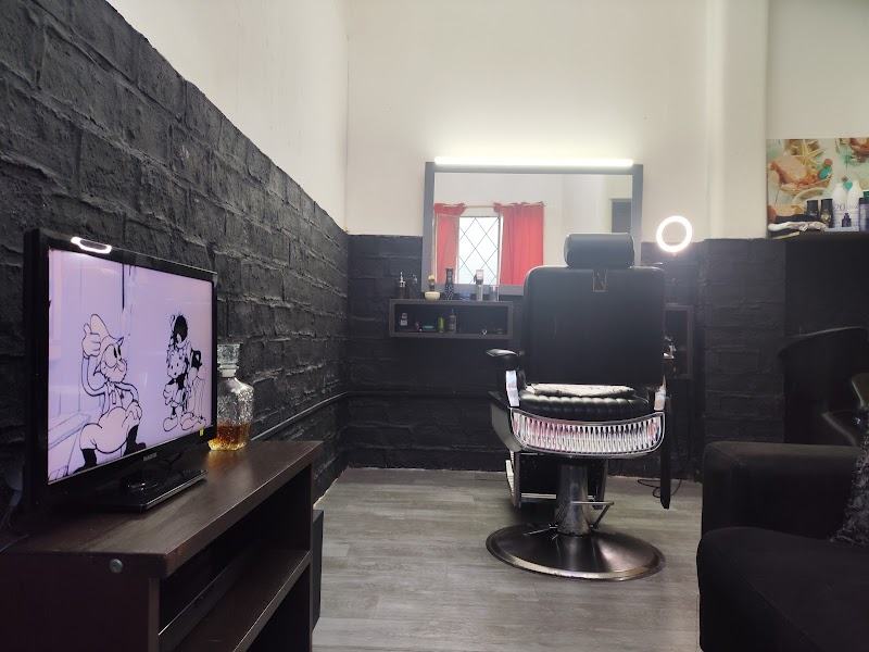 El salón: ladrillo pintado de negro, sofá de espera, televisión y el sillón frente al espejo